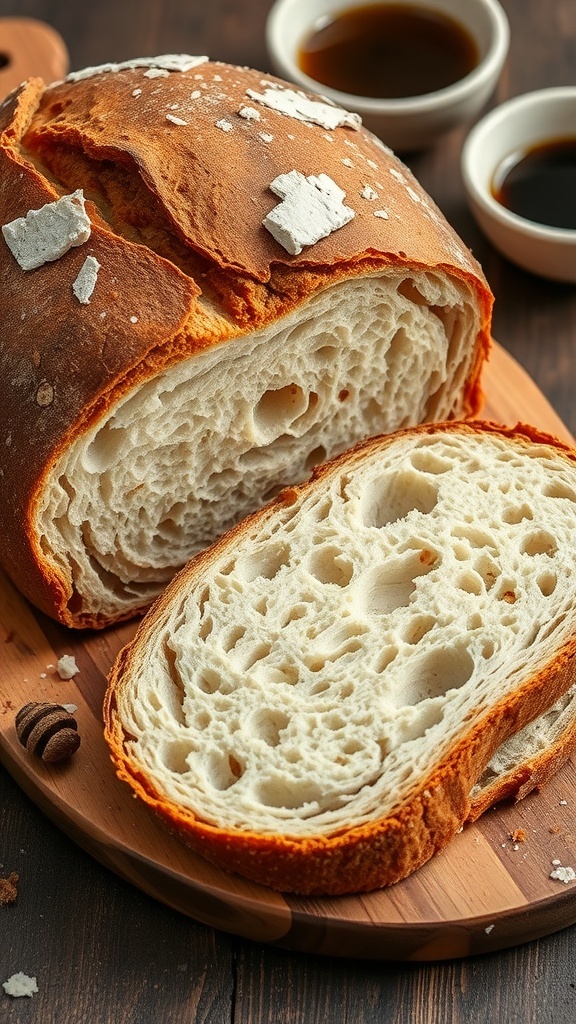 High Hydration Sourdough Bread Recipe A crusty loaf of high hydration sourdough bread sliced to show its airy crumb, served on a wooden board.
